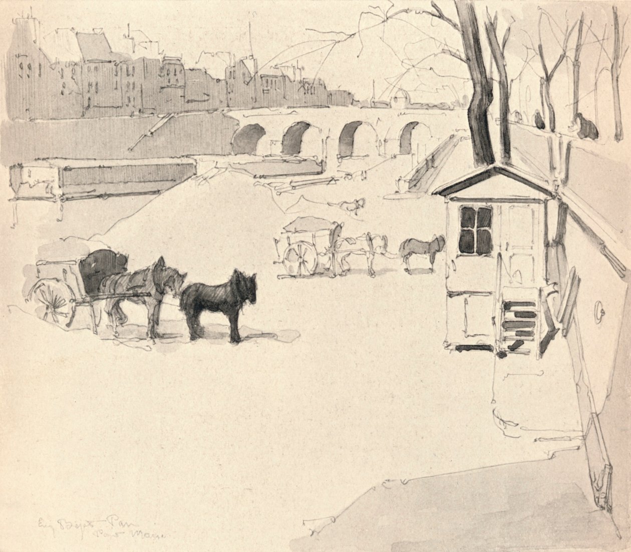Il Pont Marie - Cavalli e carri, 1915 da Eugene Bejot