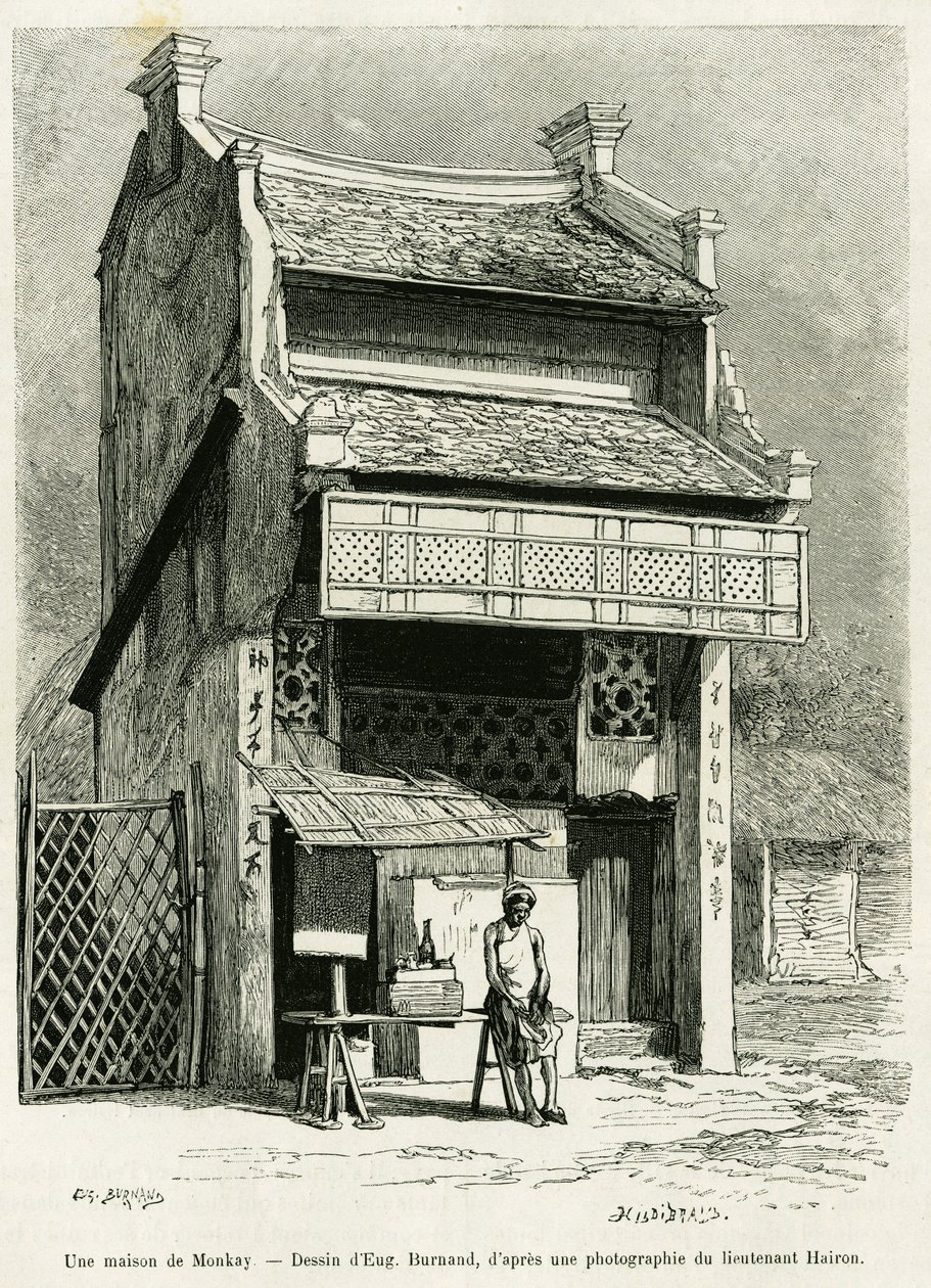 Una casa di scimmie. Incisione di Eugene Burnand, per illustrare la storia Sur les frontières du Tonkin, del Dottor P.Neiss, in le tour du monde 1888, diretto da Edouard Charton (1807-1890), Hachette, Parigi. da Eugene Burnand