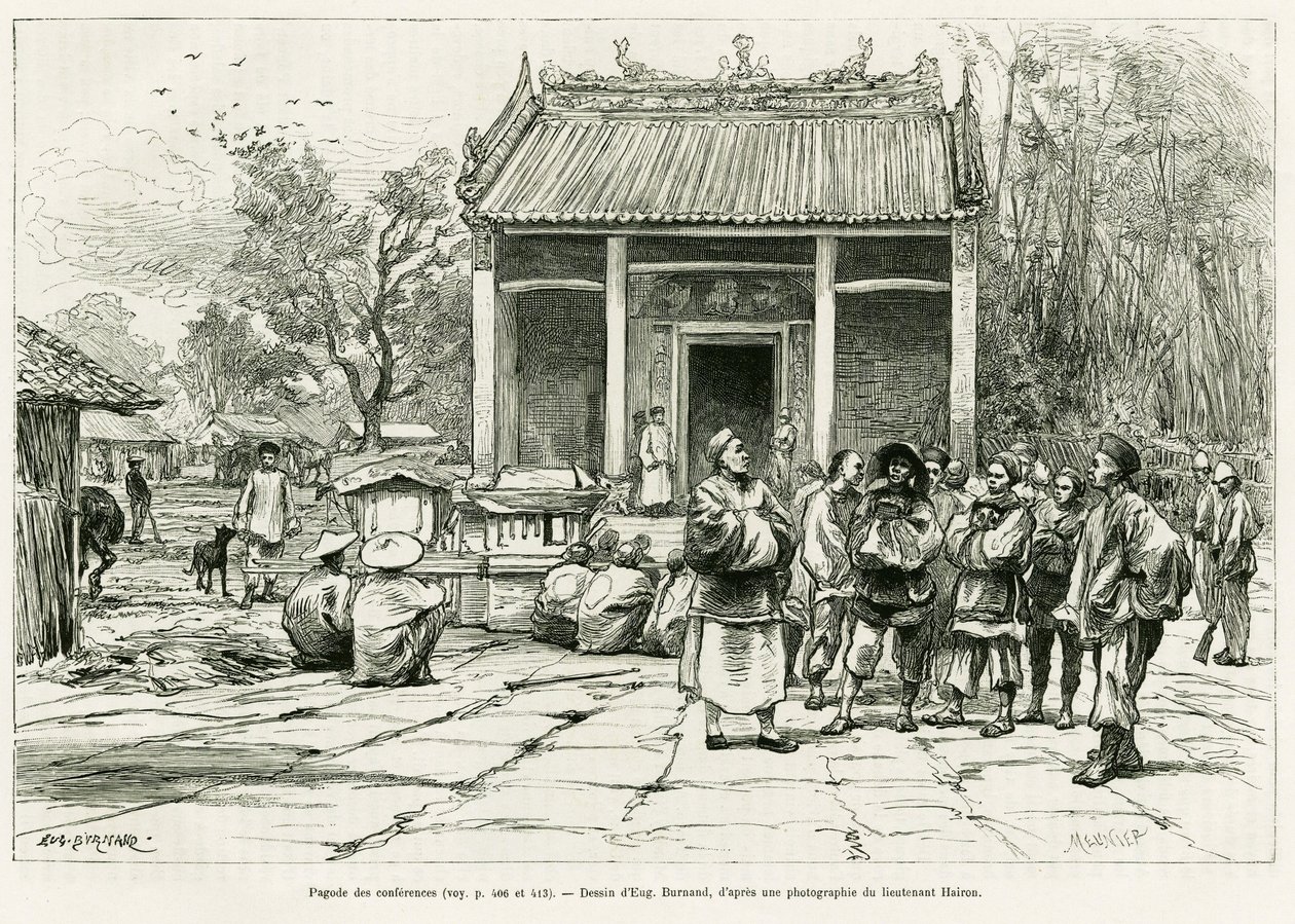 Pagoda delle conferenze, Monkay. Incisione di Eugene Burnand, per illustrare la storia Sur les frontières du Tonkin, del Dottor P. Neiss, in le tour du monde 1888, diretto da Edouard Charton, Hachette, Parigi da Eugene Burnand