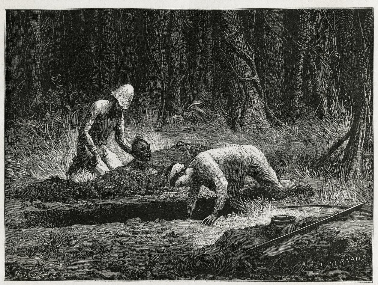Dr. Harmand e il suo aiutante Annamita, che conducono esumazioni clandestine di sepolture Khas, ad Attopeu (Laos), incisione di Eugene Burnand, per illustrare la storia del Laos e delle popolazioni selvagge dell