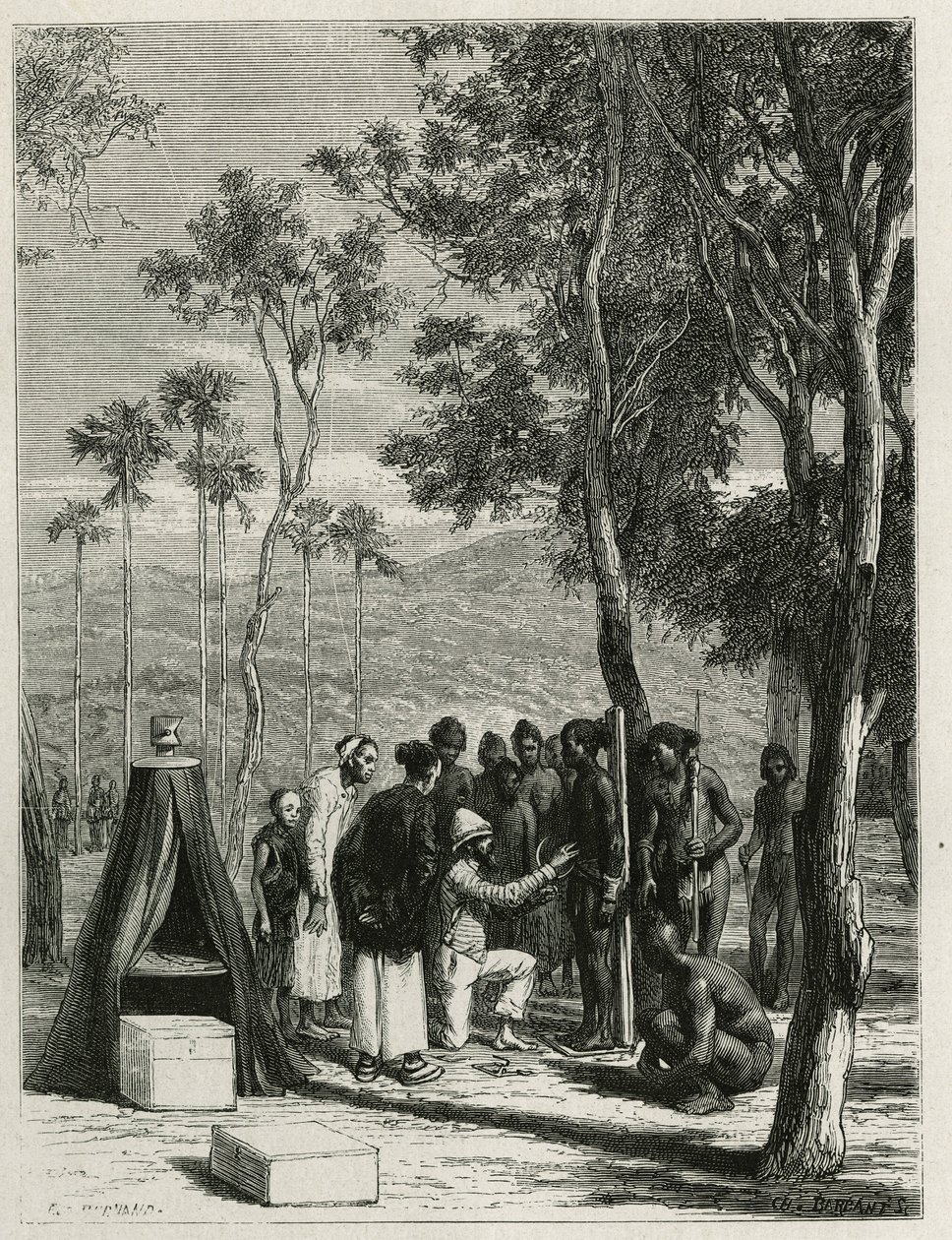 Il dottor Harmand procede a misurazioni antropologiche sugli indigeni Khas, a Attopeu (Laos), incisione di Eugene Burnand, per illustrare la storia del Laos e delle popolazioni selvagge dell