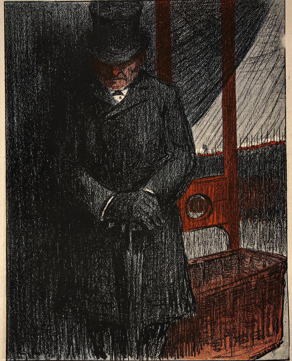 Un impresario funebre attende la sua prossima vittima presso la ghigliottina, illustrazione da 