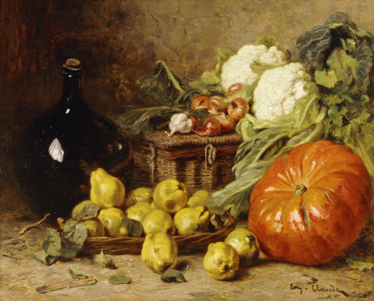 Natura morta con una brocca di vino, un cesto, pere, cipolle, cavolfiori, cavoli, aglio e una zucca da Eugene Claude