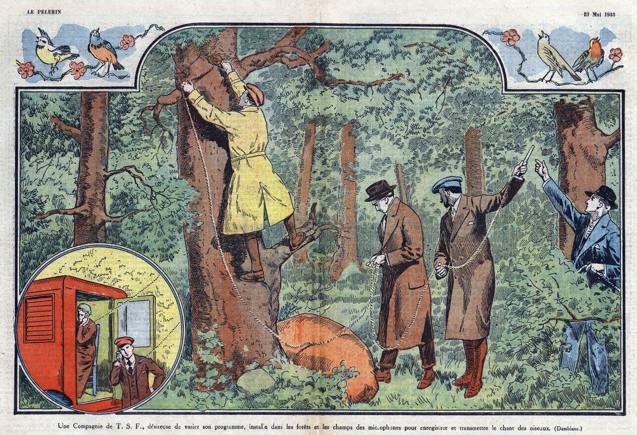 Una compagnia T.S.F. installa microfoni nelle foreste e nei campi per registrare e trasmettere il canto degli uccelli. Illustrazione di Damblans in "Le Pèlerin" del 21 maggio 1933 da Eugene Damblans