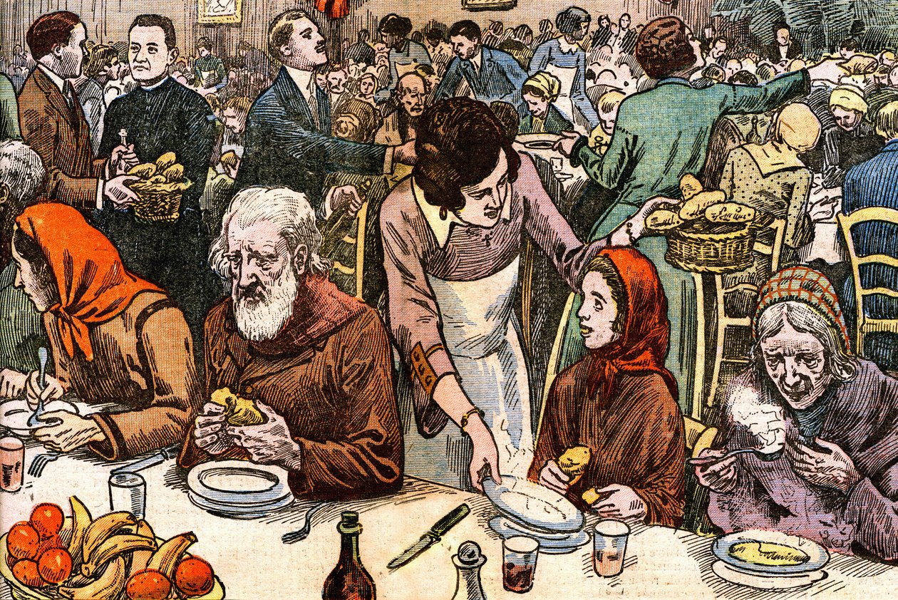 Un banchetto per i poveri (carità - comitato di carità - soccorso cattolico - zuppa - dama patronessa). Il giorno di Natale 1927, il Cardinale Ferrari (diretto a Parigi dall