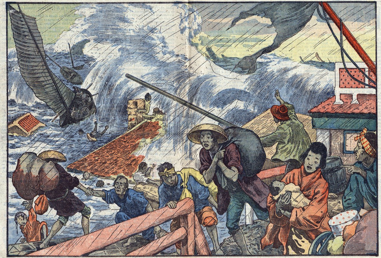 Un maremoto e un tifone colpiscono il Giappone. Illustrazione di Damblans. In “Le Pèlerin” del 2 ottobre da Eugene Damblans