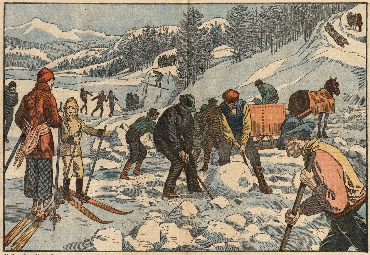 Gli abitanti delle Alpi raccolgono blocchi di ghiaccio in inverno per l