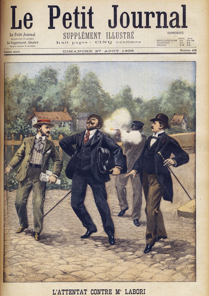 Tentativo di assassinio di Fernand Labori, uno degli avvocati che difendevano Alfred Dreyfus al suo secondo processo a Rennes "Le Petit Journal", agosto 1899 da Eugene Damblans
