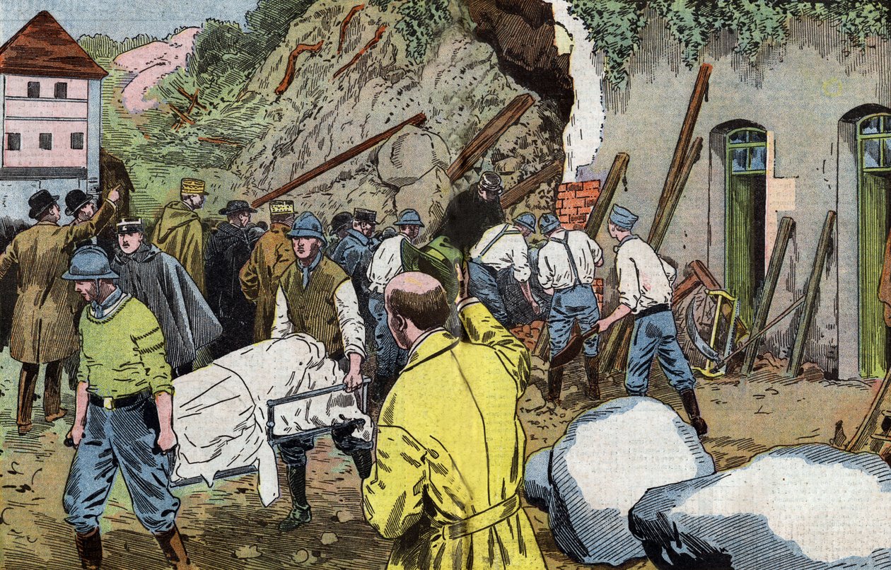 Corpo del generale americano Dunlop morto per aver salvato la signora Briant sotto il crollo delle dipendenze del castello di Fariniere (Francia) disegno di Damblans dal giornale francese 
