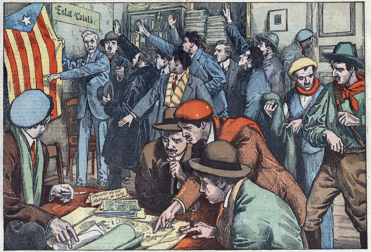 I separatisti catalani preparano il loro complotto a Parigi. Illustrazione di Damblans. In "Le Pelerin" del 28 novembre da Eugene Damblans