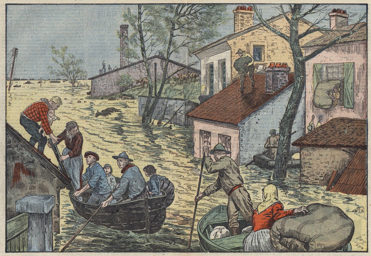 Inondazioni in Louisiana (USA): Di fronte alle onde minacciose del Mississippi, contadini e cacciatori sono costretti ad abbandonare le loro case e campi. Illustrazione di Damblans. In “Le Pelerin” del 15 maggio da Eugene Damblans