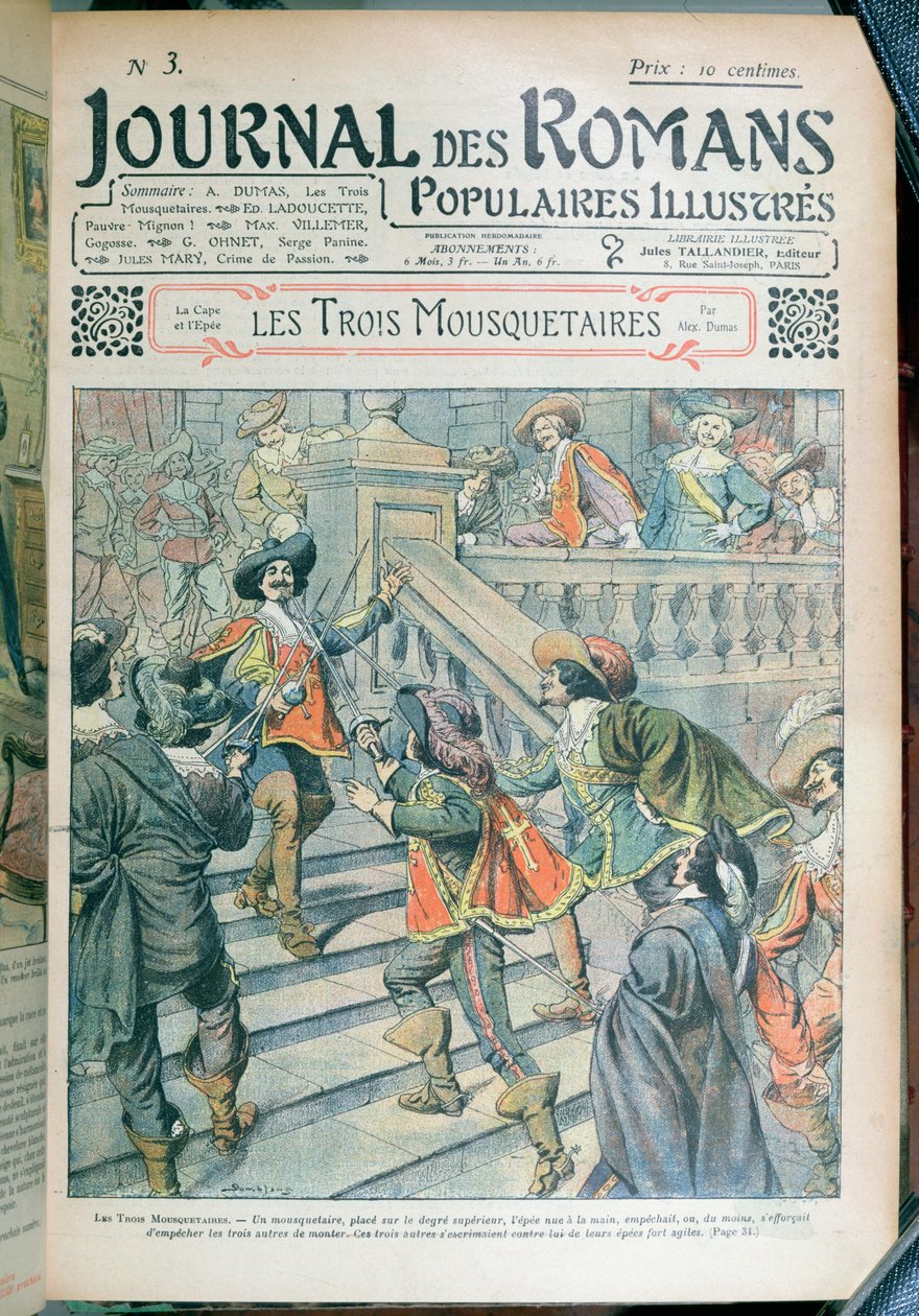 Copertina di una serializzazione de I Tre Moschettieri di Alexandre Dumas padre (1803-70) da Journal des Romans Populaires Illustrés, 1905 da Eugene Damblans