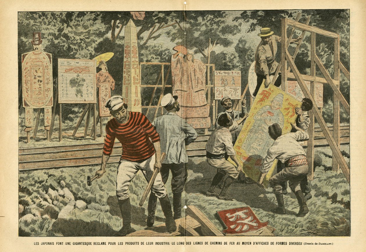 Illustrazione di Eugene Damblans (1865-1945) in Le Pelerin, 03/09/05 - I giapponesi fanno una rivendicazione gigantesca per i prodotti della loro industria lungo le linee ferroviarie con manifesti di varie forme - Pubblicità, Giappone, Ferrovia Treno, Mani da Eugene Damblans