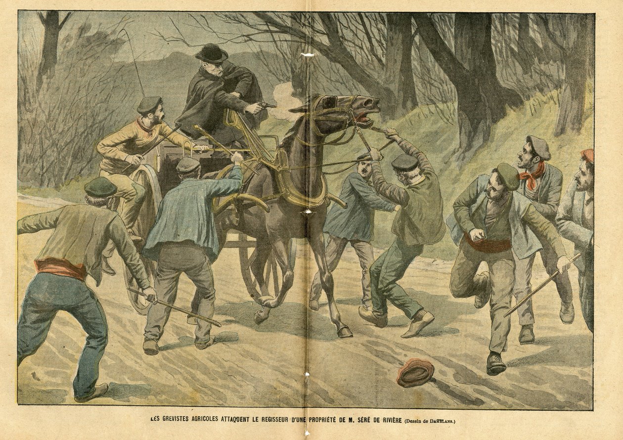 Illustrazione di Eugene Damblans (1865-1945) in Le Pèlerin, 31/01/04 - Gli scioperanti agricoli attaccano il regista di una proprietà di M. Sere de Riviere da Eugene Damblans