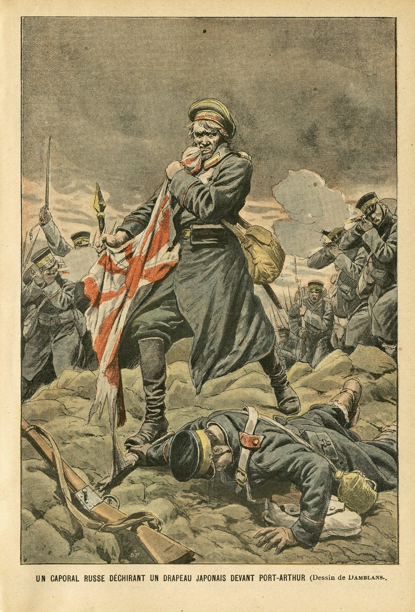 Illustrazione di Eugene Damblans (1865-1945) in Le Pelerin, 01/01/05 - Un caporale russo strappa una bandiera giapponese davanti a Port Arthur - Russia, Giappone, Port Arthur, Guerra russo-giapponese, Combattimento, Fucili - Soldati, Caporale da Eugene Damblans