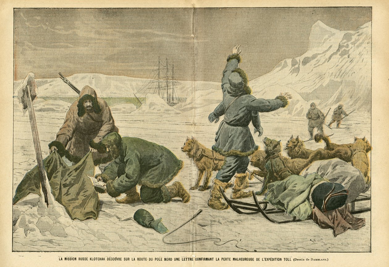 Illustrazione di Eugene Damblans (1865-1945) in Le Pèlerin, 02/04/05 - La missione russa Klotchak scopre sulla strada del polo nord una lettera che conferma la sfortunata perdita della spedizione Toll da Eugene Damblans