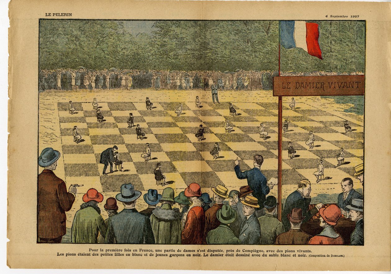 Illustrazione di Eugene Damblans (1865-1945) in Le Pelerin, 04/09/27 - Per la prima volta in Francia, una partita di dame... Scacchiera vivente - Gioco, Passatempi, Folla, Dama da Eugene Damblans