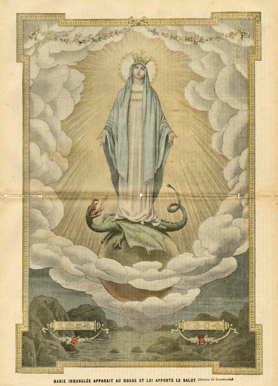 Illustrazione di Eugene Damblans (1865-1945) in Le Pelerin, 04/12/04 - Maria immacolata appare al mondo e porta salvezza - Religione Fede, Cattolico Cattolicesimo - Immacolata concezione - Maria, Drago - Nuvole - Terra da Eugene Damblans