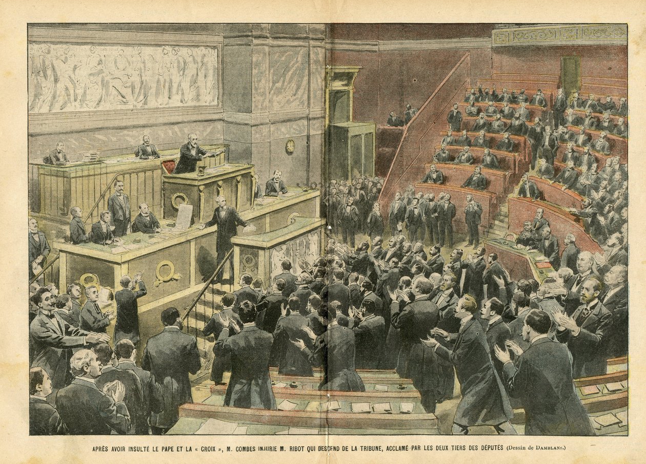 Illustrazione di Eugene Damblans (1865-1945) in Le Pèlerin, 06/11/04 - Dopo aver insultato il Papa e la Croce, M. Combes ha insultato M. Ribot che è sceso dal podio, acclamato da due terzi dei deputati da Eugene Damblans