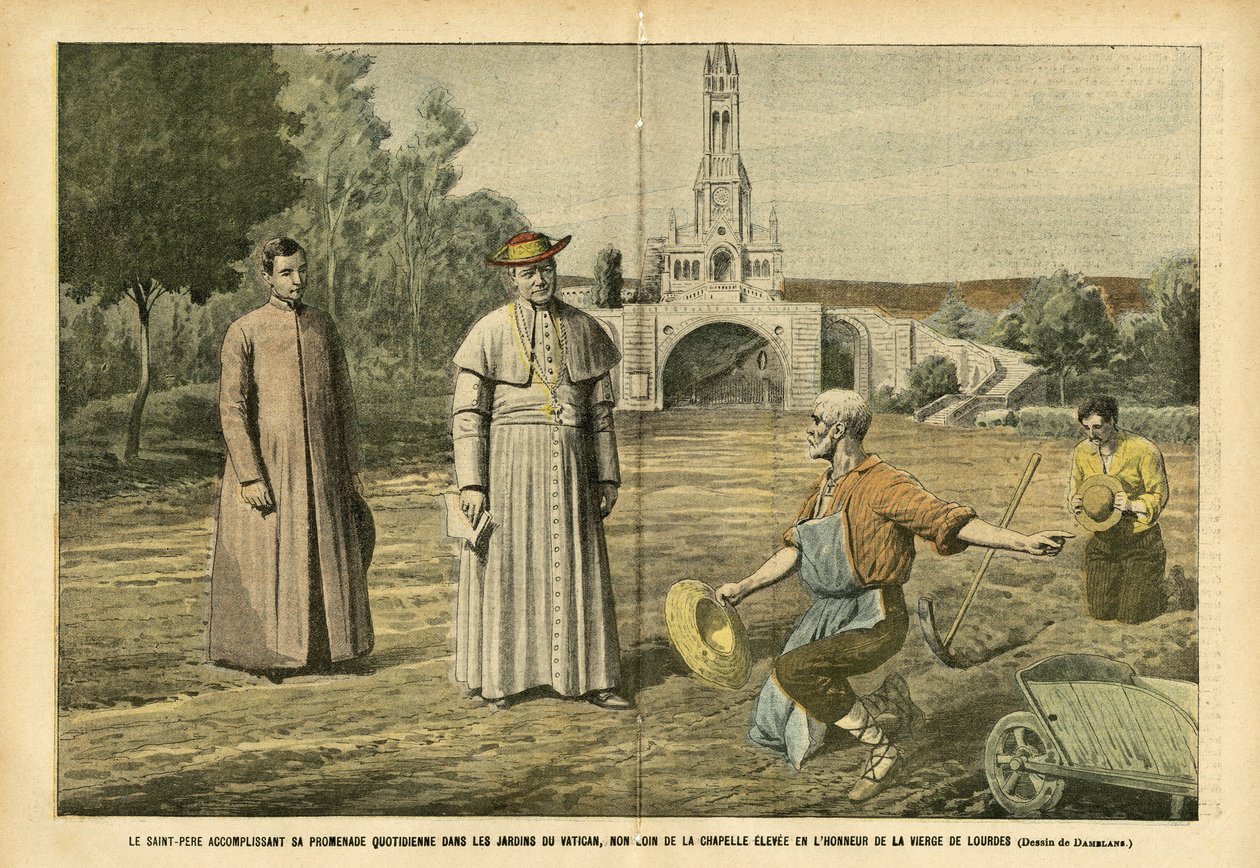 Illustrazione di Eugene Damblans (1865-1945) in Le Pelerin, 20/08/05 - Il Santo Padre durante la sua passeggiata quotidiana nei giardini del Vaticano, non lontano dalla cappella eretta in onore della Vergine di Lourdes - Religione Fede, Agricoltura, Vatica da Eugene Damblans