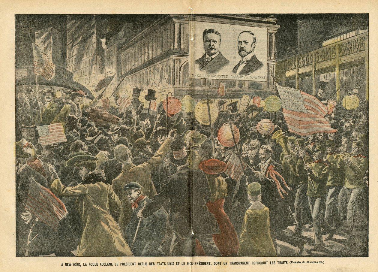 Illustrazione di Eugene Damblans (1865-1945) in Le Pèlerin, 20/11/04 - A New York, la folla acclama il presidente rieletto degli Stati Uniti e il vicepresidente, la cui trasparenza riproduce i tratti da Eugene Damblans