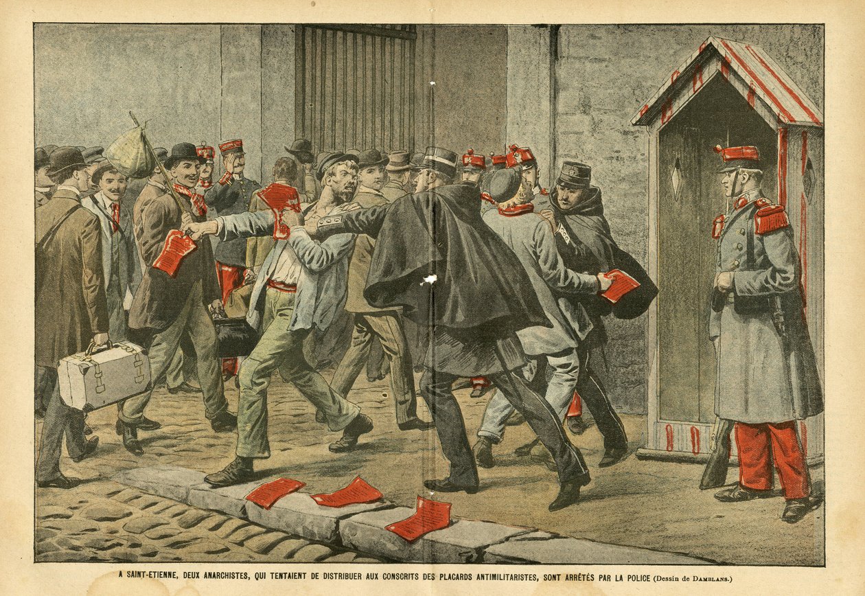 Illustrazione di Eugene Damblans (1865-1945) in Le Pelerin, 22/10/05 - A Saint-Etienne, due anarchici che hanno tentato di distribuire volantini antimilitaristi ai coscritti, sono stati arrestati dalla polizia - Antimilitarismo, Anarchismo, Esercito, Poliz da Eugene Damblans