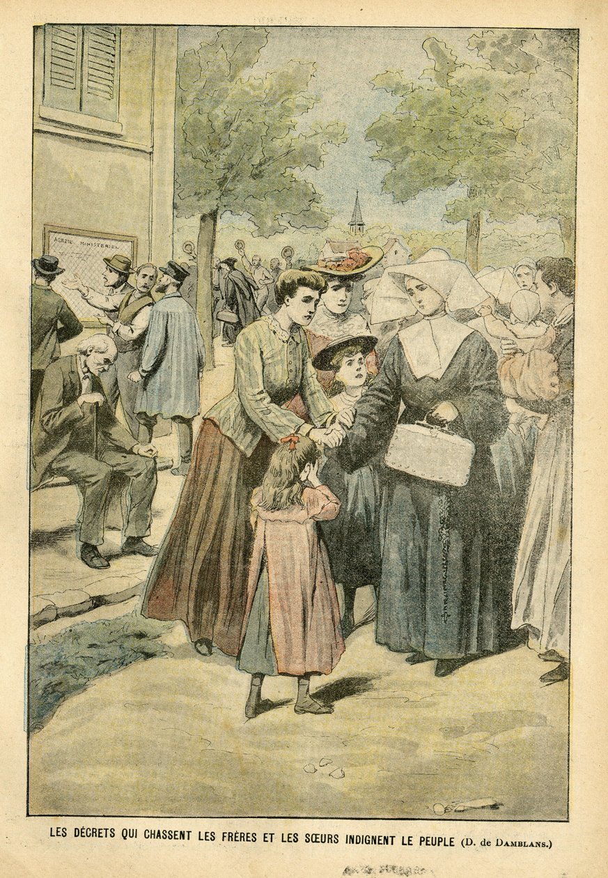 Illustrazione di Eugene Damblans in Le Pelerin, 24/07/04 - I decreti che cacciano fratelli e sorelle indignano il popolo da Eugene Damblans