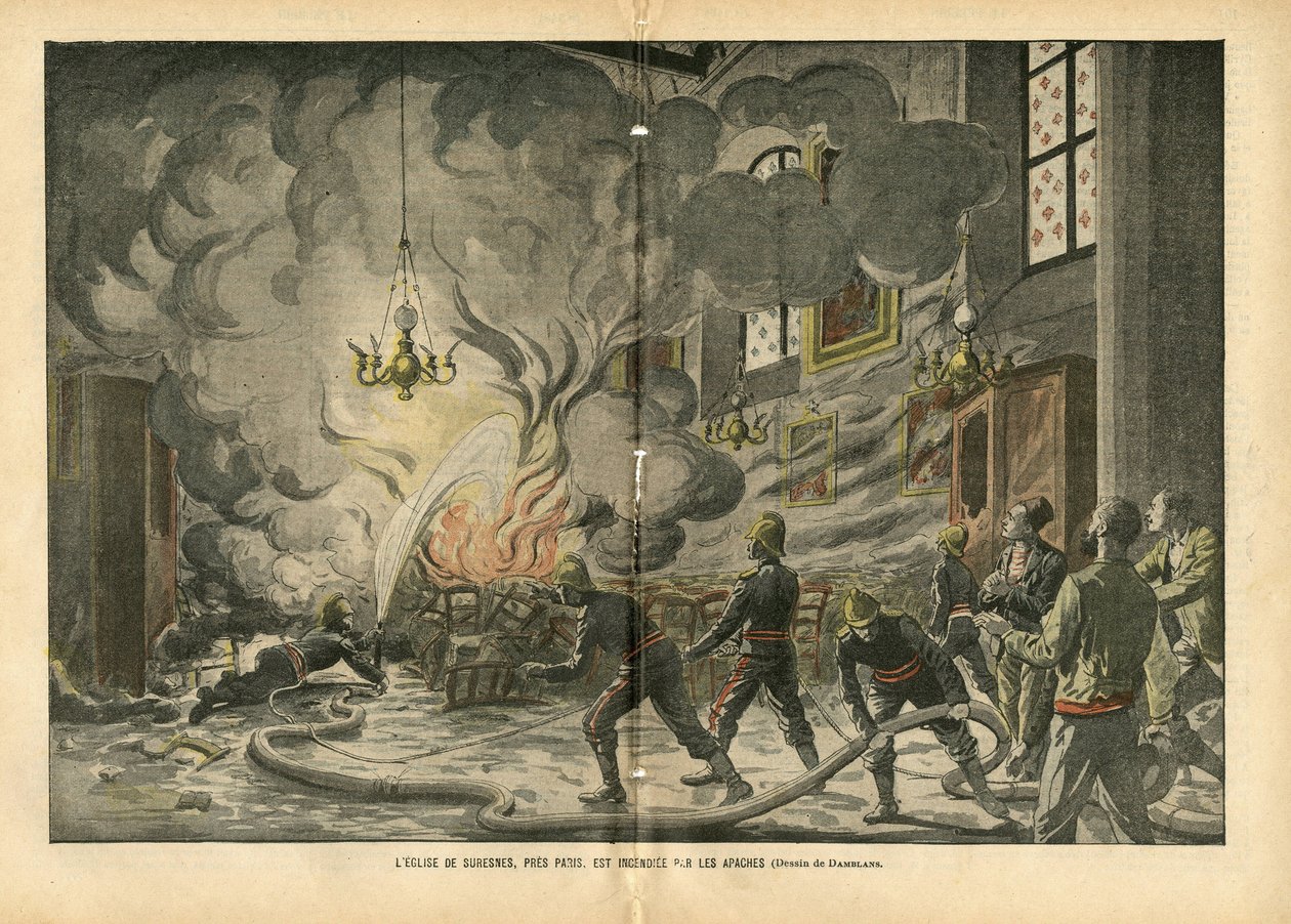 Illustrazione di Eugene Damblans (1865-1945) in Le Pelerin, 26/06/04 - La chiesa di Suresnes, vicino a Parigi, è bruciata dagli Apache - Fatti vari, Religione Fede, Insicurezza, Cattedrale Chiese, Incendio, Suresnes, Cattolico Cattolicesimo - Apache da Eugene Damblans