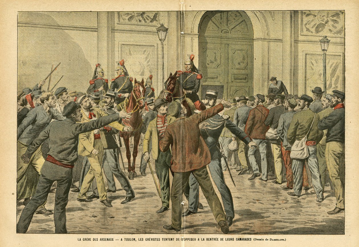 Illustrazione di Eugene Damblans (1865-1945) in Le Pèlerin, 26/11/05 - Lo sciopero degli arsenali a Tolone, i grevisti cercano di opporsi all