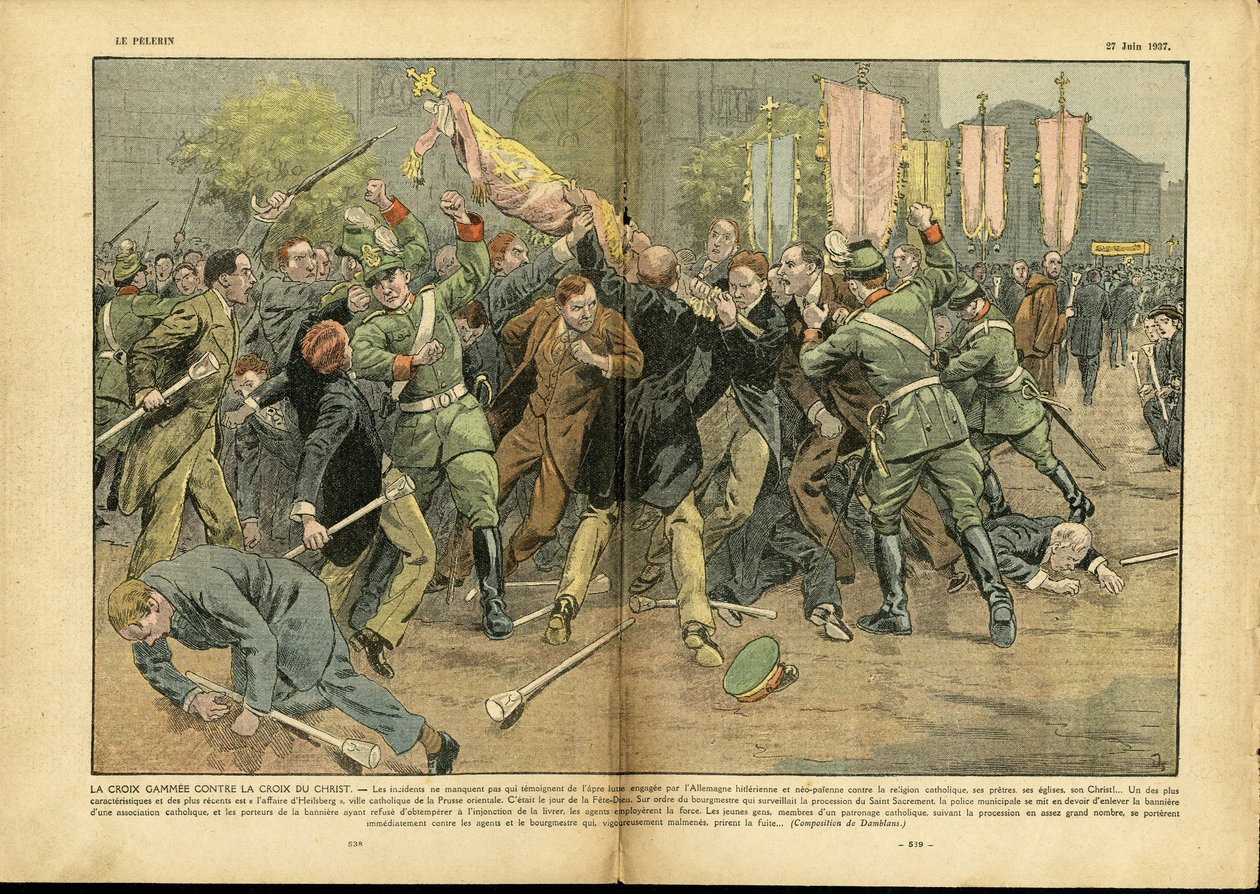 Illustrazione di Eugene Damblans (1865-1945) in Le Pelerin, 27/06/37 - La croce gammata contro la croce di Cristo nella Germania hitleriana - Germania Prussia, Religione Fede, Folla, Combattimento, Croce Gammata, Croce Cristiana, Cattolico Cattolicesimo -  da Eugene Damblans