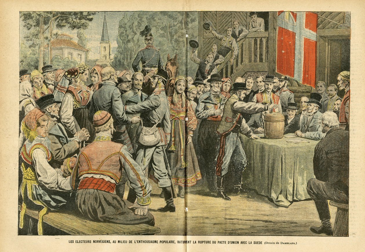 Illustrazione di Eugene Damblans (1865-1945) in Le Pelerin, 27/08/05 - Le elezioni norvegesi, in mezzo all