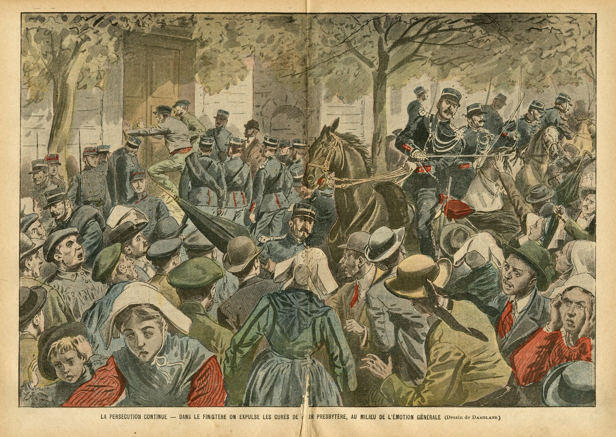 Illustrazione di Eugene Damblans (1865-1945) in Le Pèlerin, 27/10/07 - La persecuzione continua in Finistère, i curati del loro presbiterio sono espulsi in mezzo all