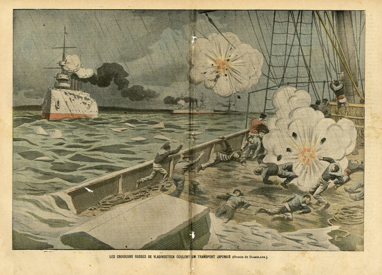 Illustrazione di Eugene Damblans (1865-1945) in Le Pelerin, 28/02/04 - Gli incrociatori russi di Vladivostok affondano un trasporto giapponese - Esercito, Marina marittima, Guerra russo-giapponese, Navi da guerra, Vladivostok - Marinai da Eugene Damblans