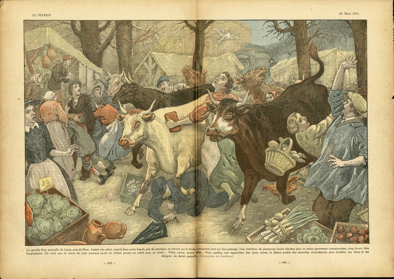 Illustrazione di Eugene Damblans (1865-1945) in Le Pelerin, 28/03/37 - La grande fiera annuale di Lezay vicino a Niort - Fatti vari, Economia, Folla, Negozi, Agricoltura, Legumi - Mucca, Manzo, Venditore ambulante da Eugene Damblans