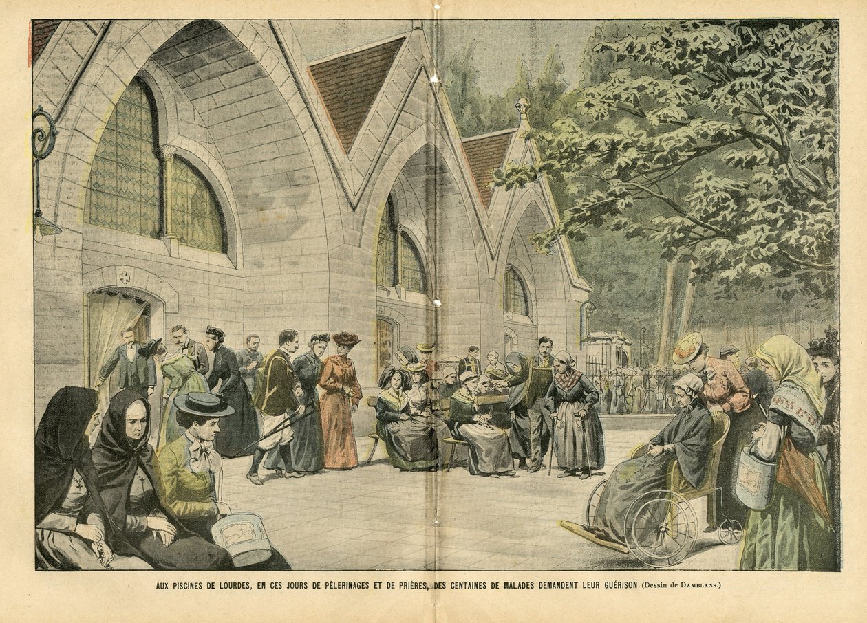 Illustrazione di Eugene Damblans (1865-1945) in Le Pelerin, 28/08/04 - Alle piscine di Lourdes, in questi giorni di pellegrinaggi e preghiere, centinaia di pazienti chiedono la loro guerra - Medicina, Fede religiosa, Architettura urbanistica, Cattolico da Eugene Damblans