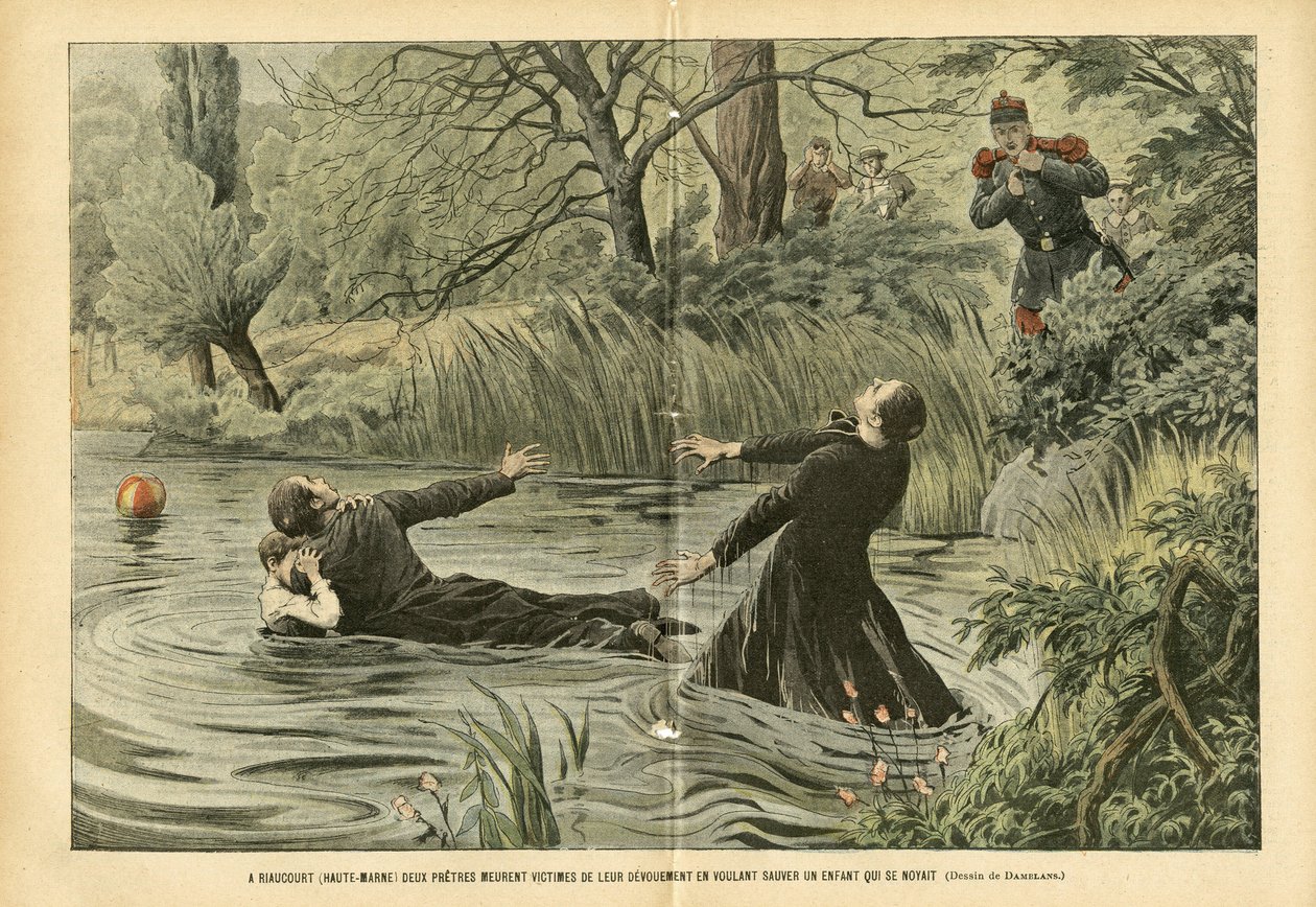 Illustrazione di Eugene Damblans (1865-1945) in Le Pèlerin, 30/07/05 - A Riaucourt (Haute-Marne) due preti muoiono vittime della loro devozione cercando di salvare un bambino annegato da Eugene Damblans