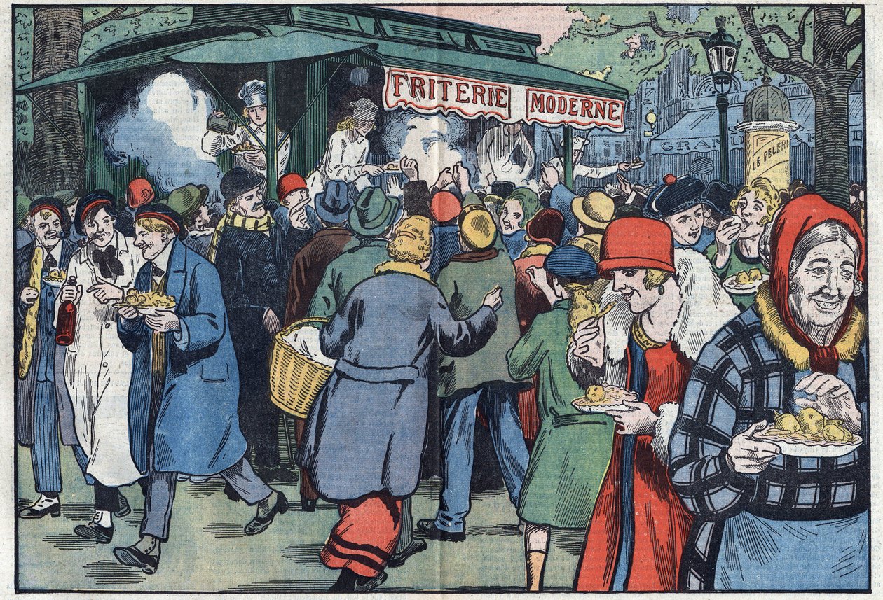 A Parigi, un venditore di patatine fritte, incoraggiato dal governo, viaggia attraverso i vari quartieri per incoraggiare la popolazione a mangiare pesce. Illustrazione di Damblans. In "Le Pelerin" dell