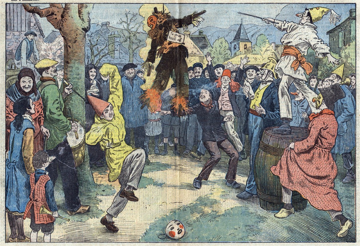 Antiche usanze: la cremazione del "Carnevale", la sera del Martedì Grasso, rappresenta i piaceri e le gioie abbandonati alla soglia della Quaresima. Illustrazione di Damblans. In "Le Pelerin" del 16 marzo. da Eugene Damblans