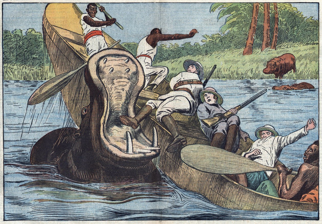 Sul Lago Vittoria, Africa, una barca occupata da missionari anglicani e indigeni viene capovolta da un ippopotamo ferito. Illustrazione di Damblans. In "Le Pelerin" del 16 maggio da Eugene Damblans