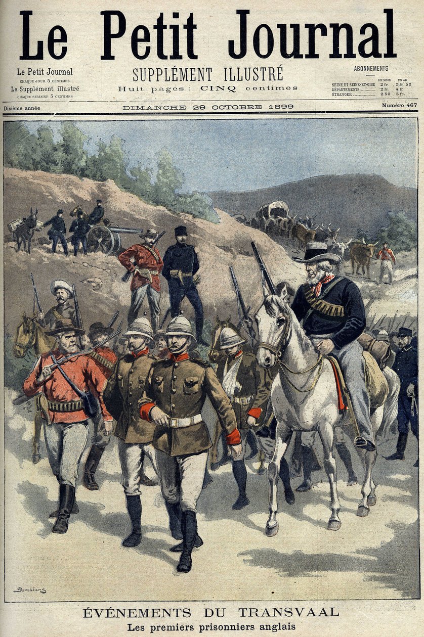 Sudafrica - Guerra Boera. Eventi del Transvaal. Primi prigionieri inglesi catturati dai Boeri. Disegno di Damblans. 