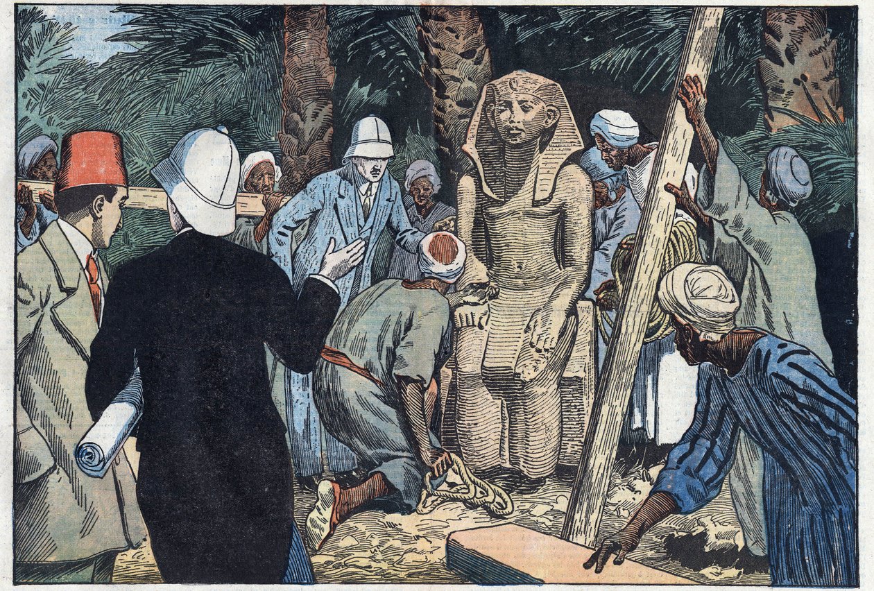 La missione archeologica francese scopre una statua di Sesostri III adolescente che sarà portata al Louvre. Medamoud, antica Tebe, Egitto. Illustrazione di Damblans. In 