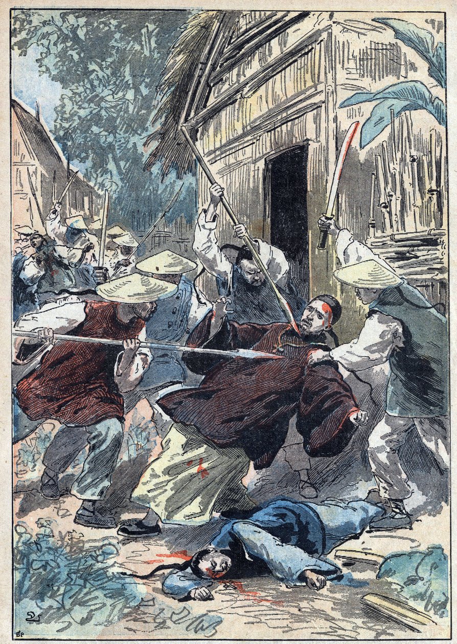 Il prete francese Berthollet (1865-1898), prete delle Missioni Estere, fu assassinato dalle guardie nazionali cinesi vicino alla città di Yun Ngan Cheou il 21 aprile 1898. Illustrazione di Damblans in "Le Pelerin" del 10 luglio da Eugene Damblans