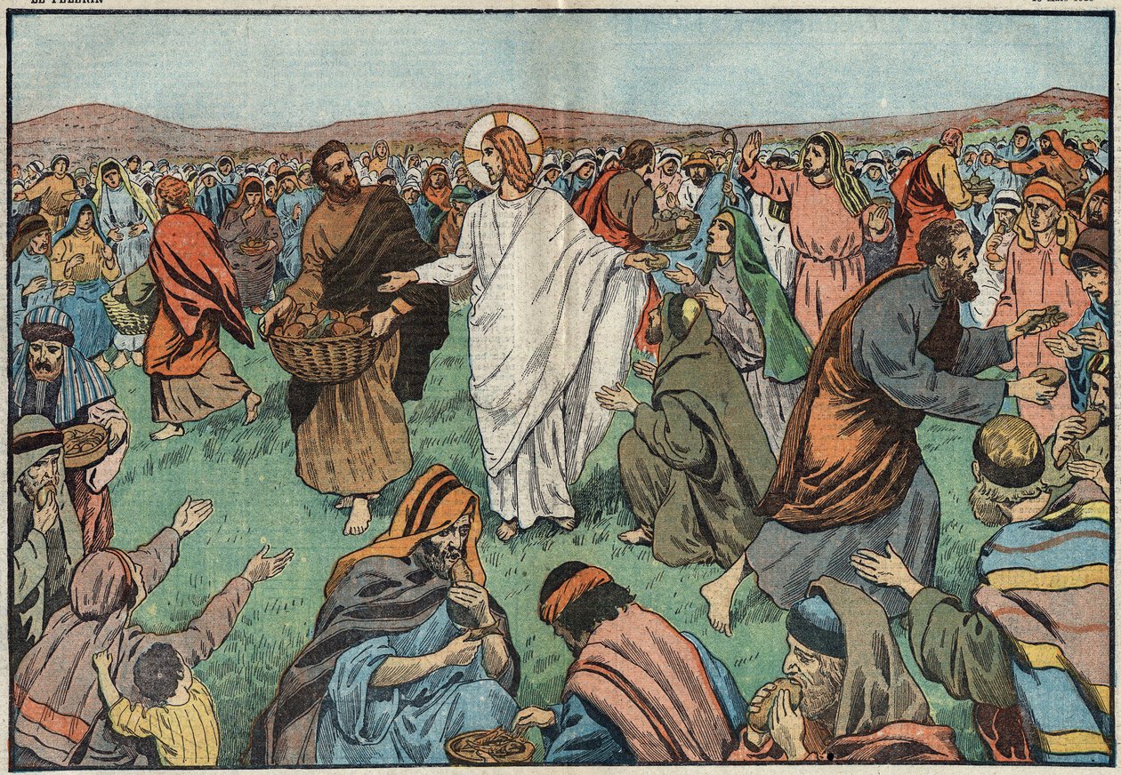 La moltiplicazione dei pani: sulle rive del Lago di Tiberiade, Gesù Cristo (Gesù Cristo) soddisfa la popolazione moltiplicando cinque pani d