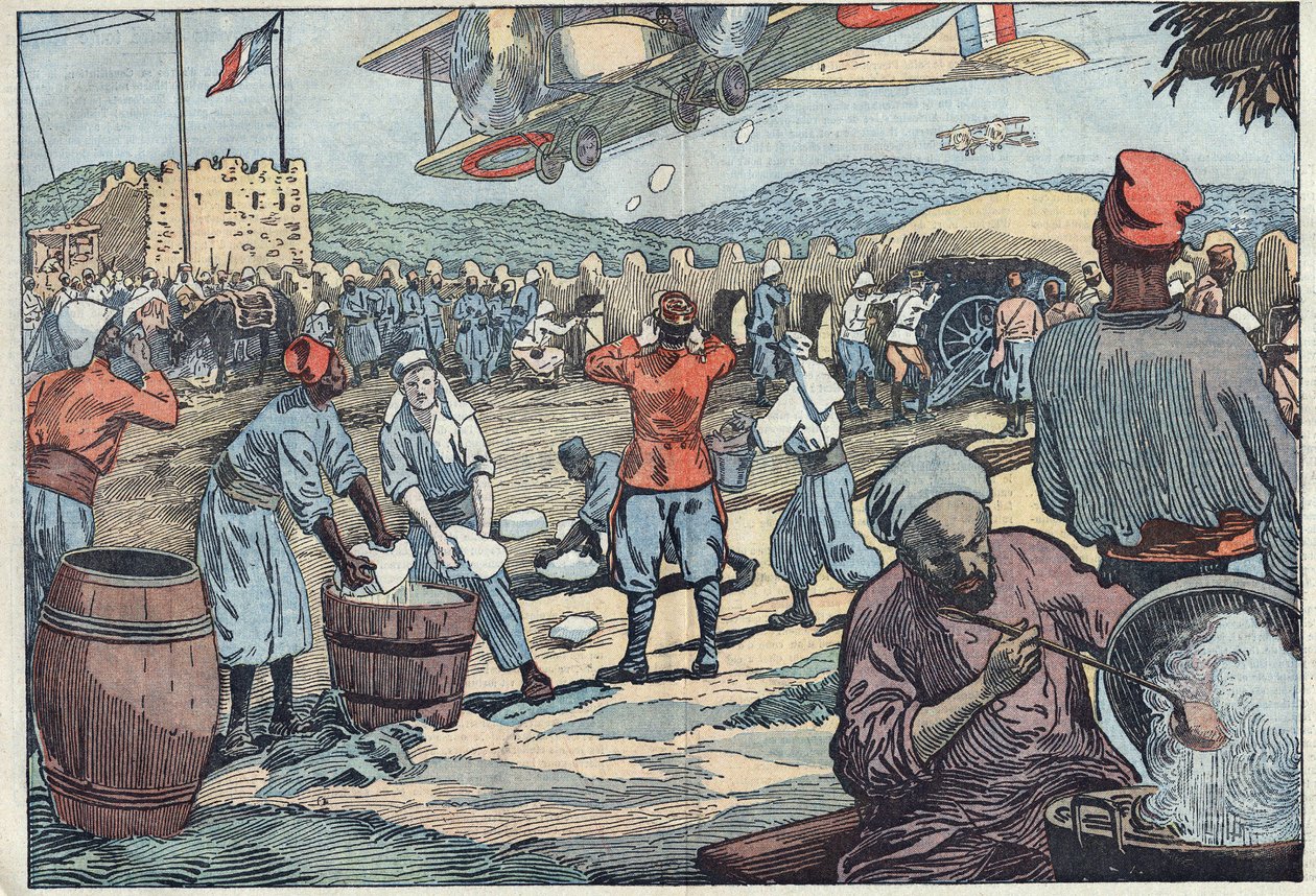 Guerra in Marocco: aerei francesi forniscono ghiaccio a un blocco assediato da dissidenti marocchini. Illustrazione di Damblans. In "Le Pelerin" del 24 maggio da Eugene Damblans