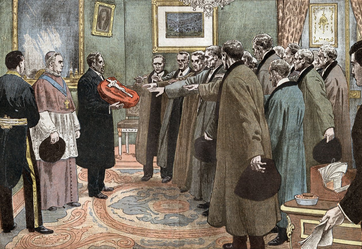 Delegati della repubblica di Andorra con il vescovo di Urgel che prestano giuramento di obbedienza alla Francia, illustrazione di Damblans dal giornale "Le Pelerin" 3 maggio da Eugene Damblans