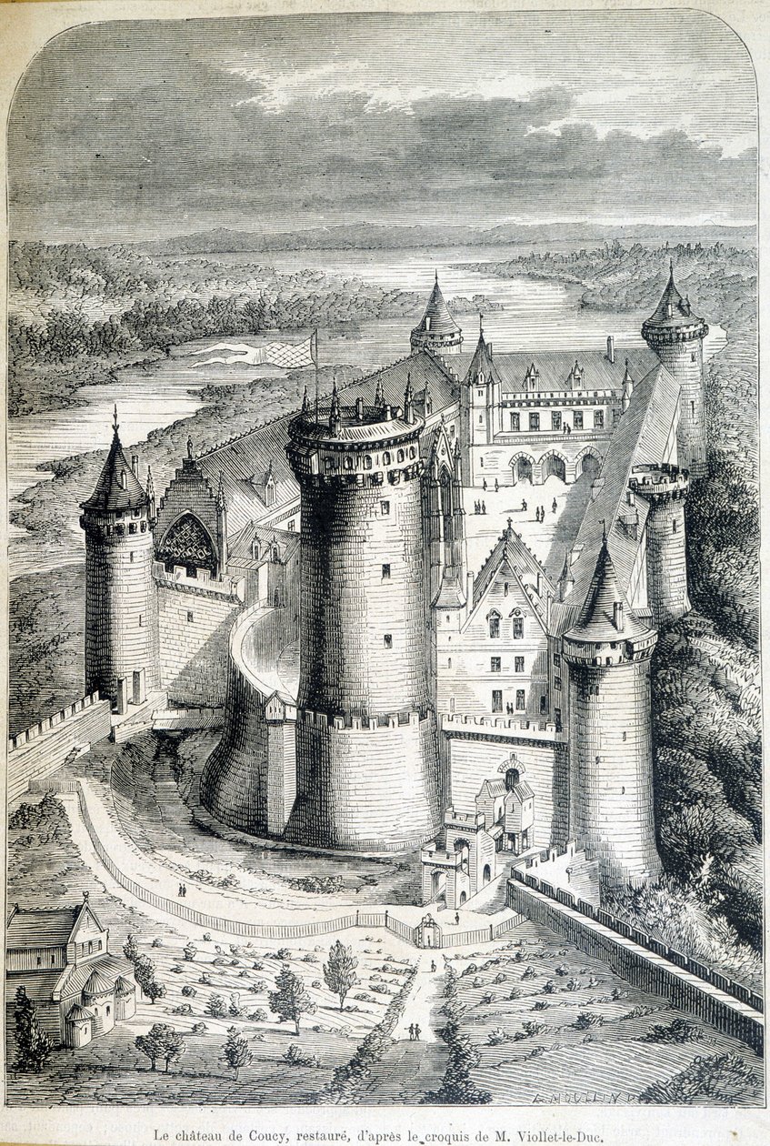 Il castello di Coucy, restaurato - incisione dal disegno di Eugene Viollet-le-Duc (1814-1879) - "Le Monde illustré" dell