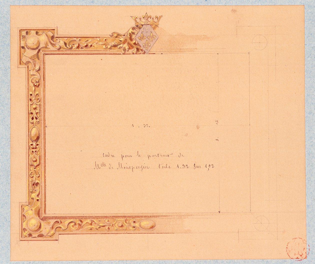 Progetto della cornice per il ritratto di Mademoiselle de Montpensier, di Eugène Emmanuel Viollet-Le-Duc (1814-1879), disegno ad acquerello da Eugene Emmanuel Viollet le Duc