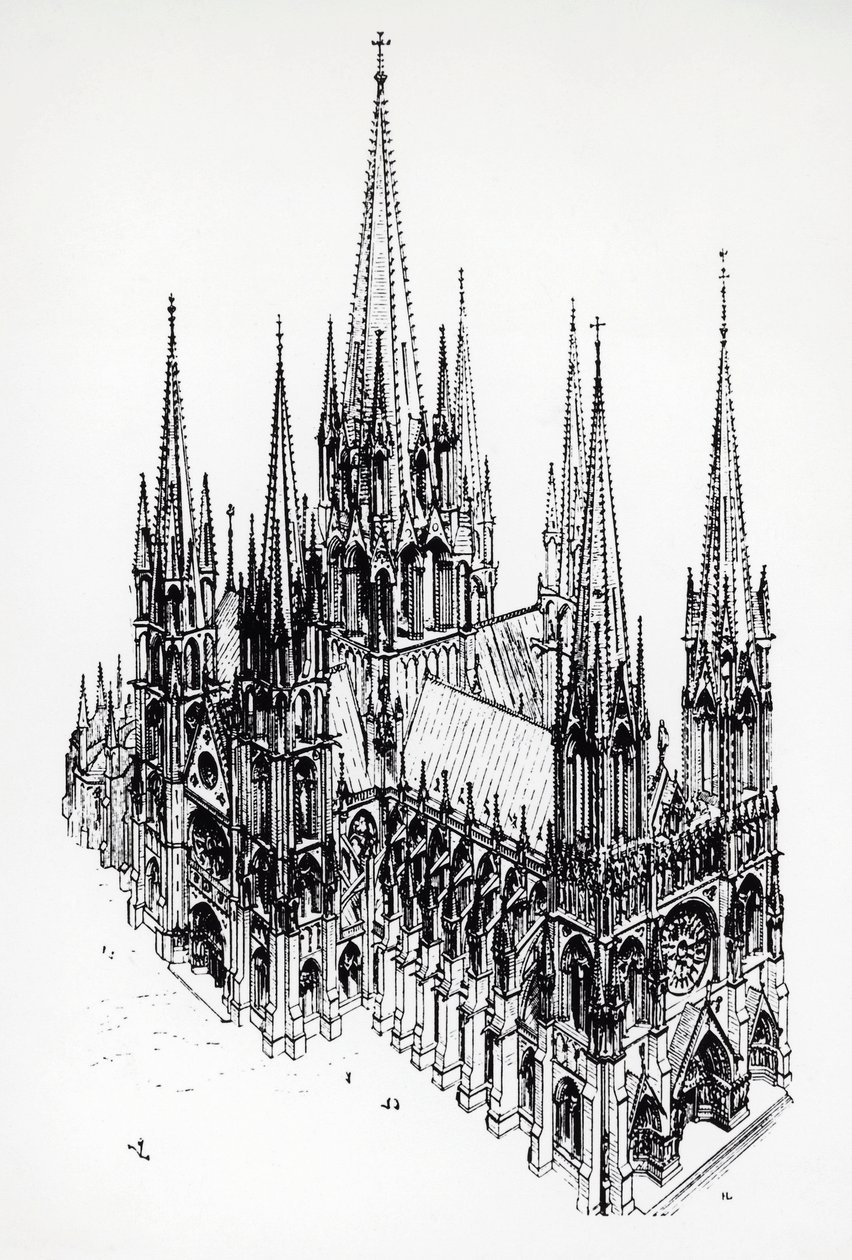 Vista isometrica della cattedrale ideale, disegno di Eugène Emmanuel Viollet-le-Duc dal Dizionario di Architettura Francese dall
