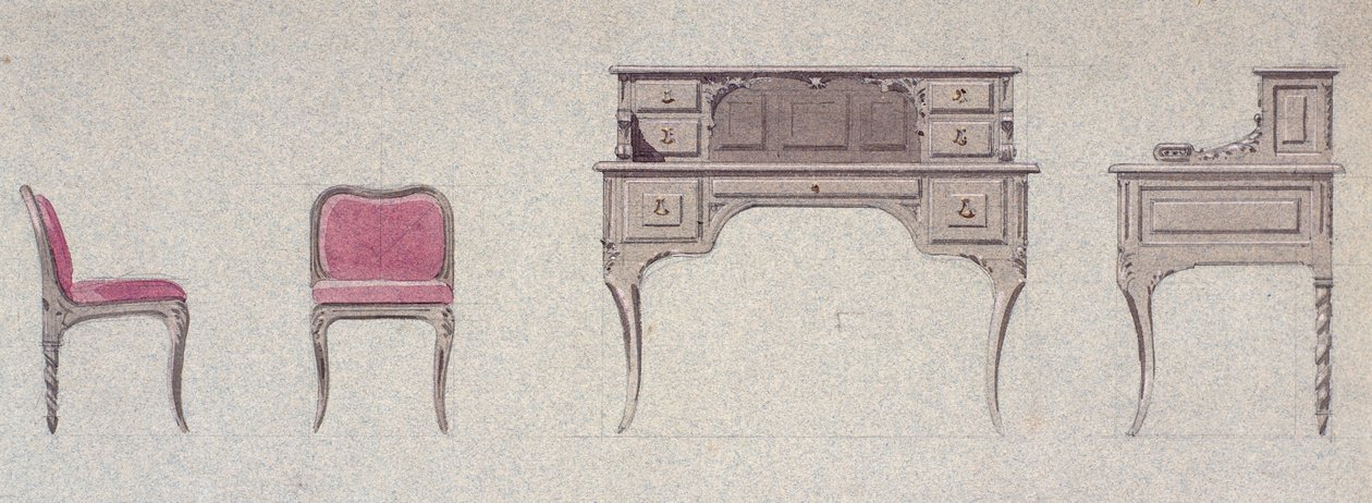 Sedia a schienale basso e scrivania per la Stanza Dorata da Eugene Emmanuel Viollet le Duc