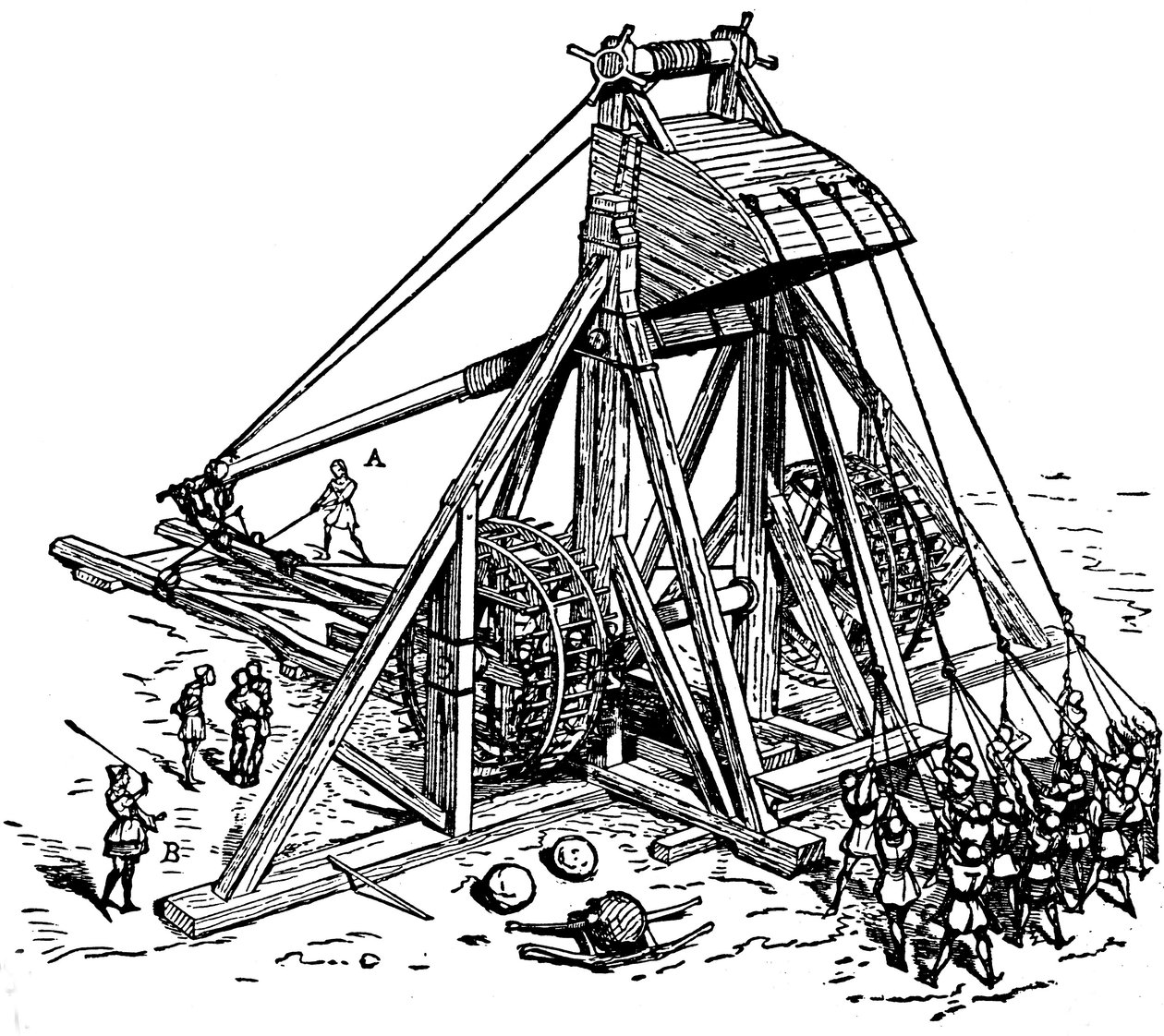Ricostruzione di una grande catapulta (tipo trabucco a contrappeso), chiamata mangonneau da Eugene Emmanuel Viollet le Duc
